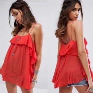 Intimately Free People Cascade Ruffle Tank Cami in Red Orange Women’s Size Small